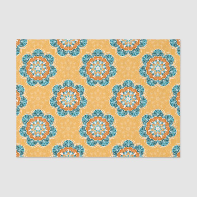 Papel De Seda Azulejo Floral Mandala em Laranja e Teal (Frente )