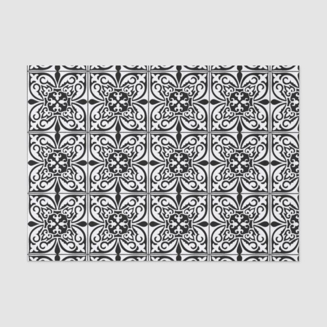 Papel De Seda Azulejo marroquino - branco com fundo preto (Frente )