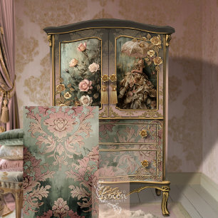 Papel De Seda Azulejo Rosa empoeirado & Verde Damasco Barroco