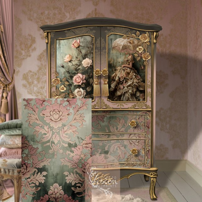 Papel De Seda Azulejo Rosa empoeirado & Verde Damasco Barroco (Weathered Floral Damask Patterned Tile, Dusty Pink and green decoupage tissue paper.)