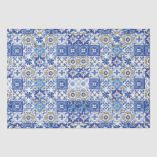 Papel De Seda Azulejos Mosaico Mediterrâneo Branco Amarelo Azul
