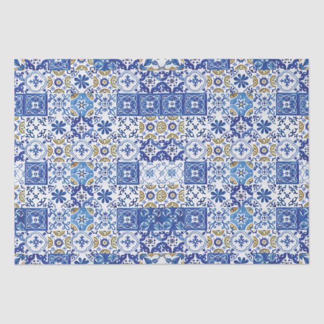 Papel De Seda Azulejos Mosaico Mediterrâneo Branco Amarelo Azul (Frente )