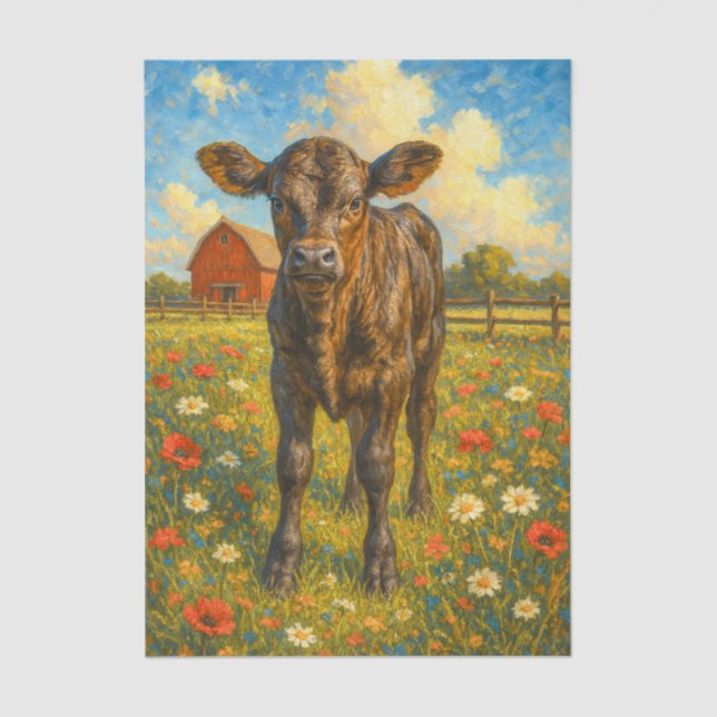 Papel De Seda Baby Cow in Pasture Farmhouse Decoupage Paper  (Frente )