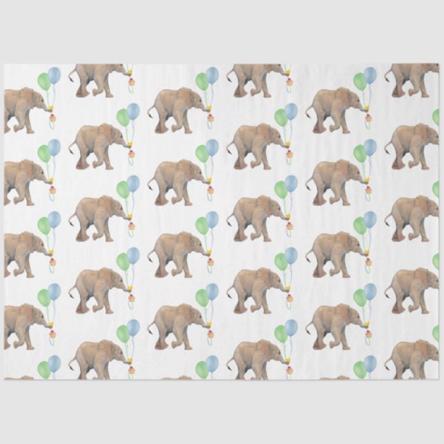 Papel De Seda Baby Elephant green & blue balloon Tissue Paper.  (Frente )
