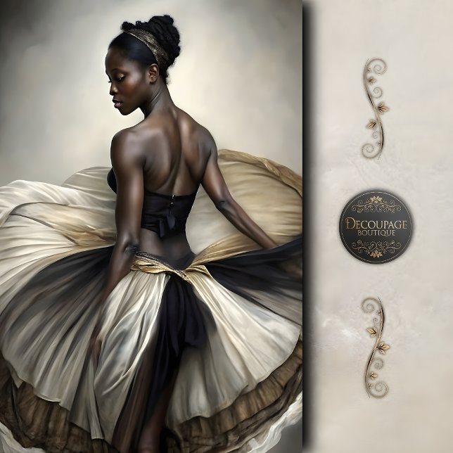 Papel De Seda Bailarina Preta e Dourada em Tule Flutuante Decoup (Black and Gold Ballerina in Flowing Tulle Decoupage Tissue Paper)