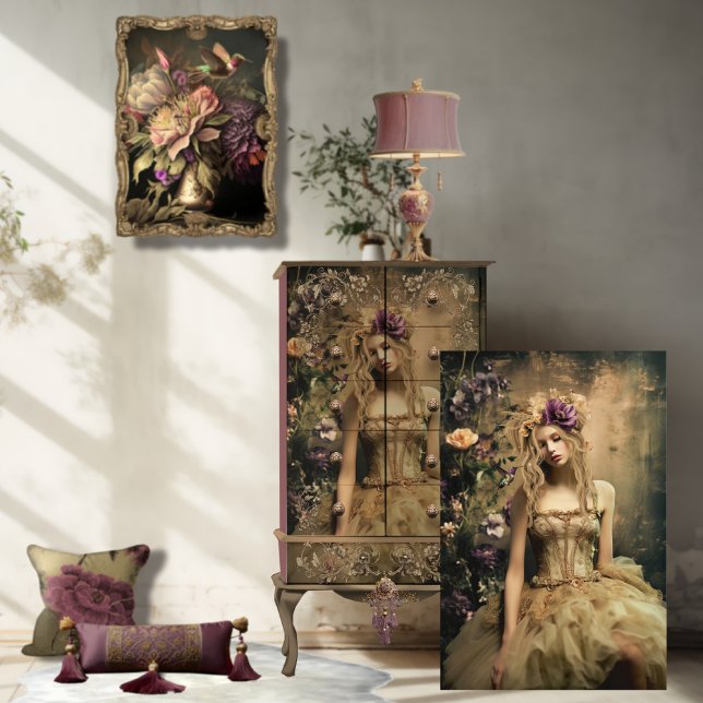 Papel De Seda Ballerina Green, Hummingbird e Retrato Floral (Ethereal Ballerina Beauty, Humming Bird and Floral Portrait Art, in Green Chartreus & Purple.)