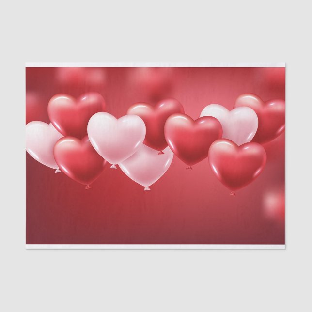 Papel De Seda Balões do Coração (A digital illustration features a cluster of heart-shaped balloons against a gradient red background)