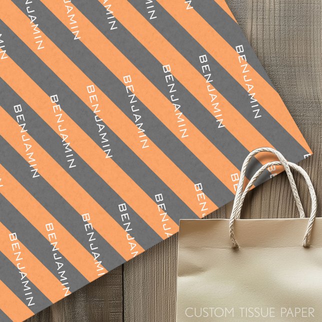 Papel De Seda Bandeiras de Rugby Laranja e Cinza com Nome Person (Custom Tissue Paper)