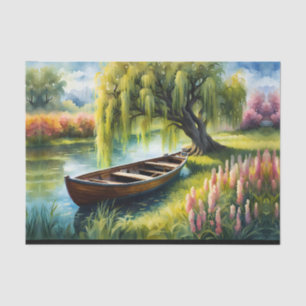 Papel De Seda Barco-linha na lagoa perto do salgueiro
