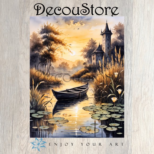 Papel De Seda Barco num Lago ao Pôr-do-Sol Decoupage (Criador carregado)
