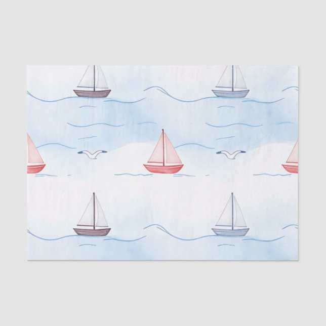 Papel De Seda Barcos à Vela e Gaivotas Padrão Sem Costura (Frente )