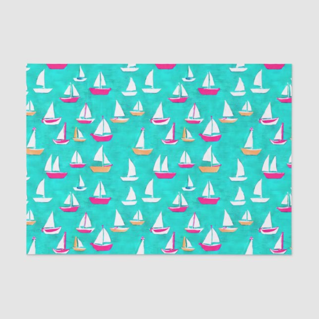 Papel De Seda Barcos Marinhos - Padrão Rosa e Aqua (Frente )