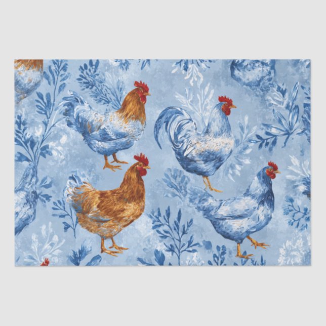 Papel De Seda Barnyard Chickens and Botanical Pattern (Frente )