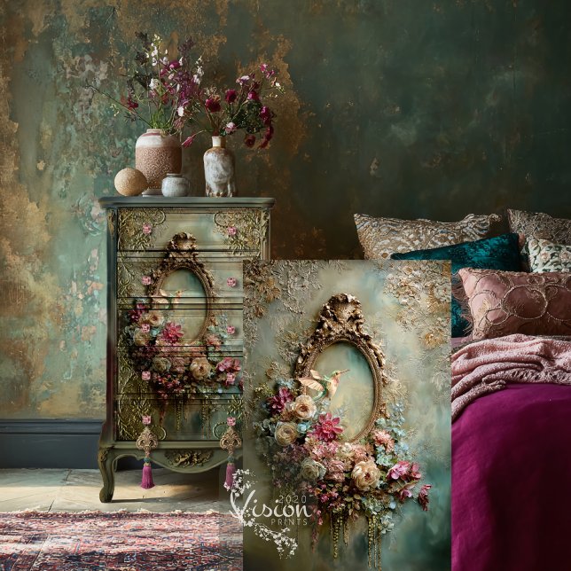 Papel De Seda Baroque Ethereal Hummingbird Oval Frame & Floral (Hummingbird, Vintage Oval Frame, Muted teal & pink, Ethereal Floral Decoupage Tissue Paper)