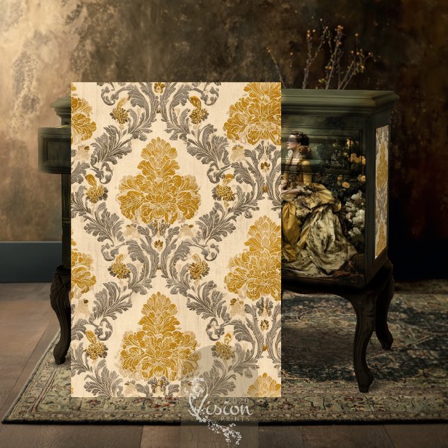 Papel De Seda Baroque Gold Grey Damask Repeat Pattern Design (Gold grey damask print and baroque lady portrait styled on dark ornate vintage cabinet)