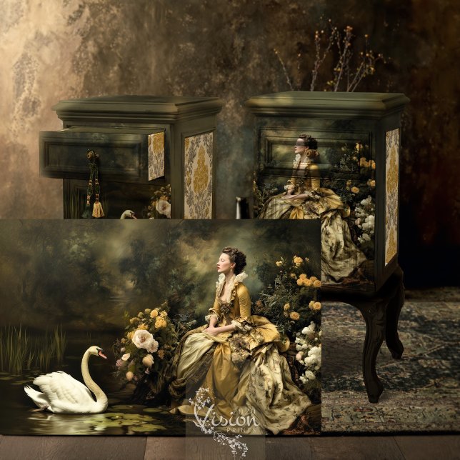 Papel De Seda Baroque Lady Swan Gold Floral Landscape Scene (Baroque lady and swan landscape print displayed on dark ornate vintage cabinet moody room)