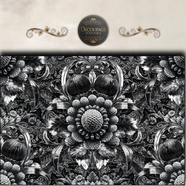 Papel De Seda Barroco Floral em Decoupagem Preto Prata (Black Silver Baroque Floral Decoupage Tissue Paper)