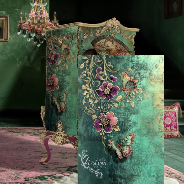 Papel De Seda Barroco Floral, Fantasia Borboletas Teal Patina (Butterfly Baroque Fantasy, Teal Patina, Plum Highlights, Decoupage Tissue Paper)