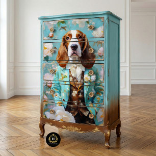 Papel De Seda Basset Hound Floral em Terno Azul-Decoupage