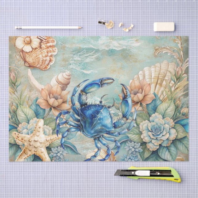 Papel De Seda Beachy Pastel  Blue Crab & Shells Decoupage  (Arte )