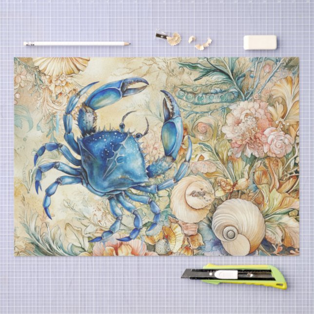 Papel De Seda Beachy Pastel  Blue Crab & Shells Decoupage  (Arte )