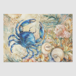 Papel De Seda Beachy Pastel  Blue Crab & Shells Decoupage 
