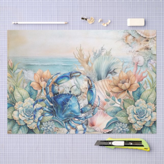 Papel De Seda Beachy Pastel  Blue Crab & Shells Decoupage  (Arte )