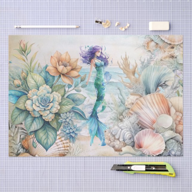Papel De Seda Beachy Pastel  Floral Mermaid & Shells Decoupage  (Arte )