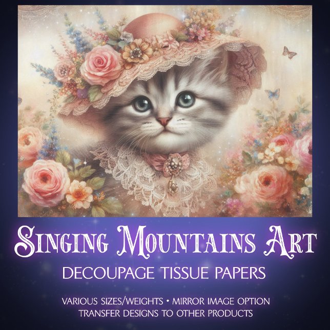 Papel De Seda Beautiful Pink Floral Victorian Cat Decoupage (Criador carregado)