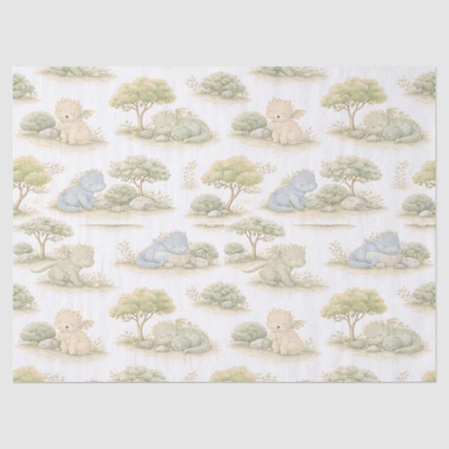 Papel De Seda Bebê Dragão Fofo Padrão Floresta Pastel (1) (Frente )