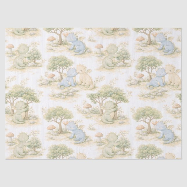 Papel De Seda Bebê Dragão Fofo Padrão Pastel Floresta (2) (Frente )