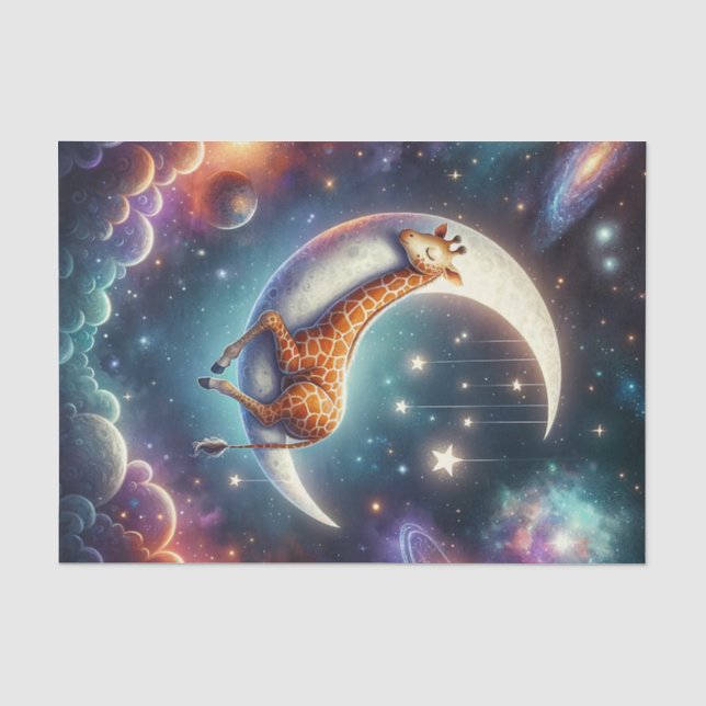 Papel De Seda Bebê Girafa Celestial Dormindo na Lua e Estrelas (Frente )