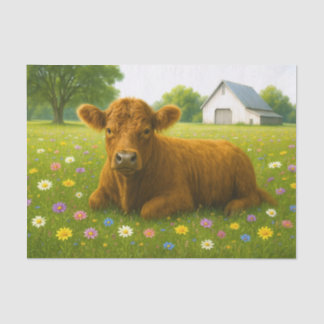 Papel De Seda Bebê Vaca das Terras Altas em Pastagem de Flores