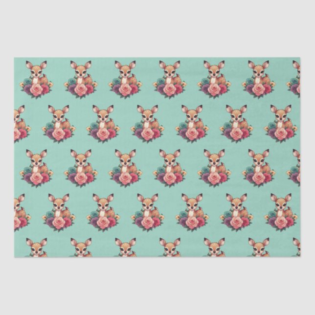 Papel De Seda Bebê veado com Rosas e folhagem verde (Frente )