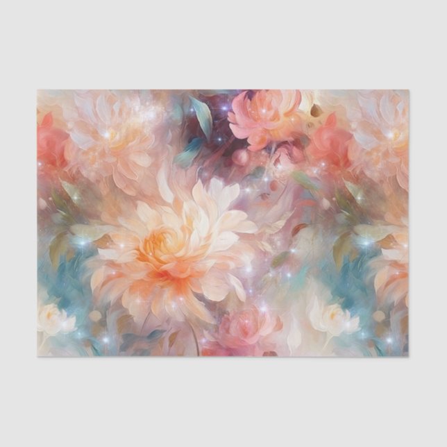 Papel De Seda Bege Laranja Rosa Floral  (Frente )
