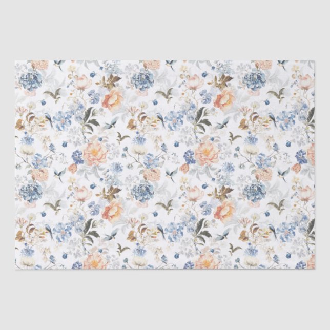 Papel De Seda Bege Rosa Azul Pálido Pássaro  (Frente )