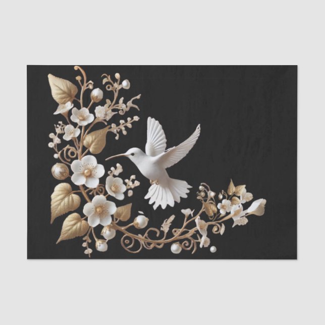 Papel De Seda Beija-flor Branco em Decoupage Preto (Frente )