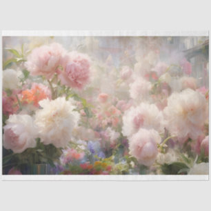 Papel De Seda Belas Peônias Brancas e Rosas Pintura em Aquarela