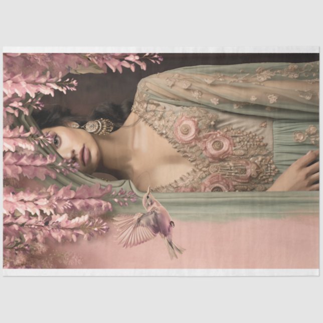 Papel De Seda Beleza Exótica Pássaro Árabe e Retrato Floral (Frente )