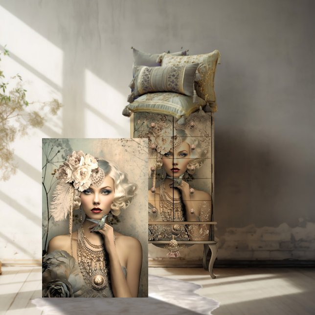 Papel De Seda Beleza Flapper dos anos 20 e beija-flor, decoupage (1920's Inspired Flapper Girl & a hummingbird. Light Dusty, Silver, Blue Adorned Lady Decoupage Paper)