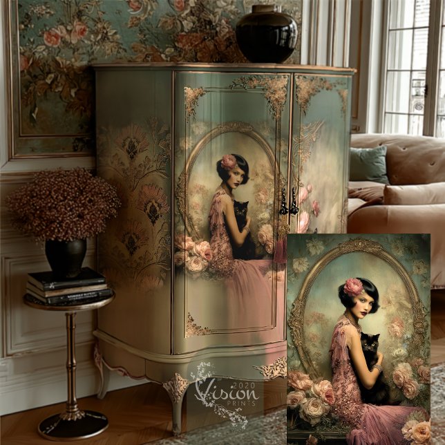 Papel De Seda Belle Noir Flapper Rosa Preto Gato Dourado (
Flapper art deco design decoupaged on French sage armoire blush living room
)