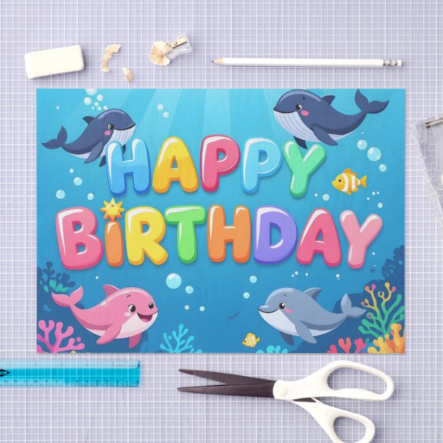 Papel De Seda Belo aniversário de golfinho náutico (Arte )