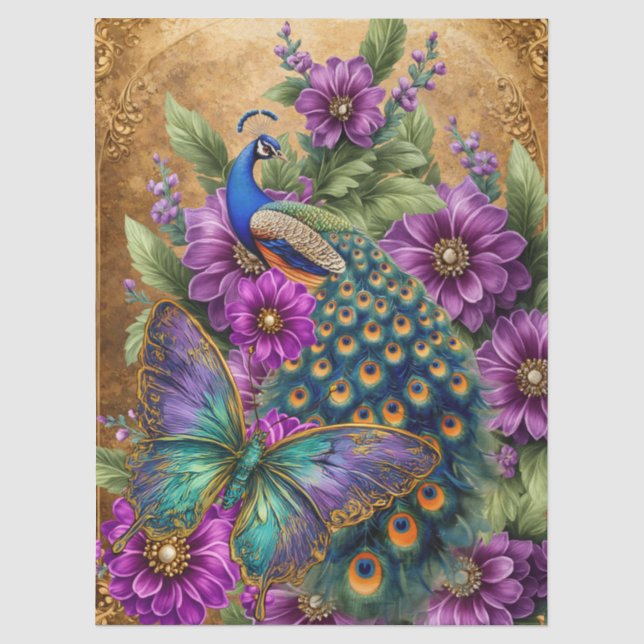 Papel De Seda Belo Decoupage de Pavão Floral (Frente )
