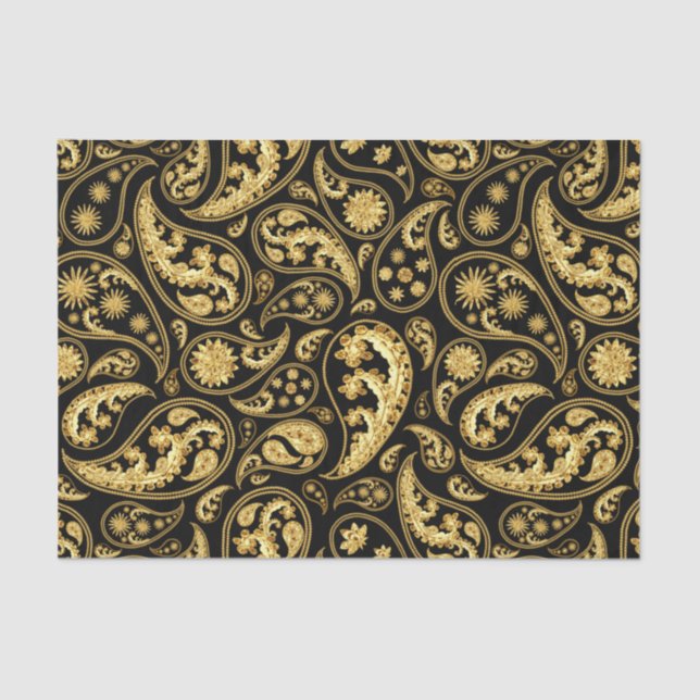 Papel De Seda Belo padrão preto e Dourado de Paisley (Frente )