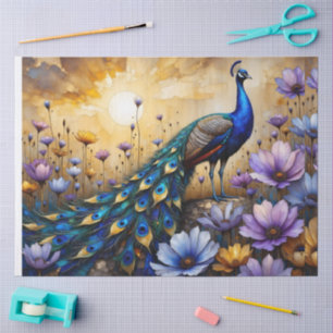 Papel De Seda Belo Pavão Azul em Paisagem Floral