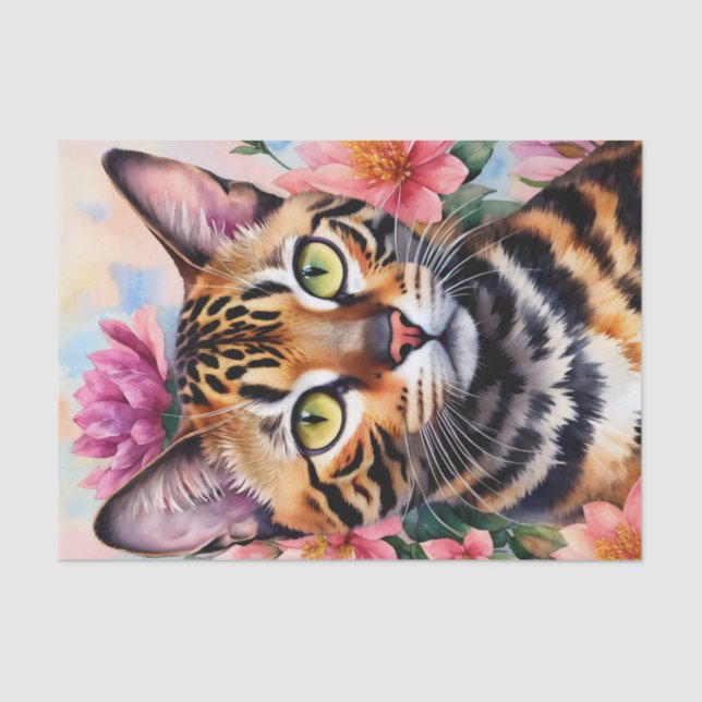 Papel De Seda Bengal Cat Retrato Floral (Frente )