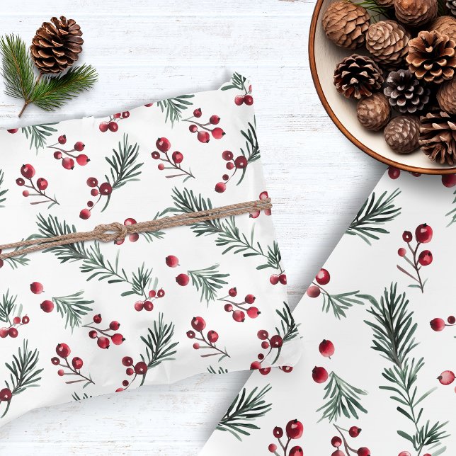 Papel De Seda Berry Rustic Christmas Watercolor Pine (Rustic Christmas Watercolor Pine Branch Berry Tissue Paper)