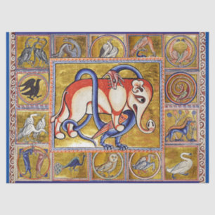 PAPEL DE SEDA BESTIÁRIO MEDIEVAL,ELEFANTE COMBATENDO DRAGÃO COBR