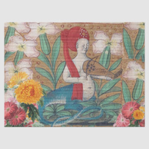 PAPEL DE SEDA BESTIÁRIO MEDIEVAL,FAIRY MELLUSINA FAZER MÚSICA