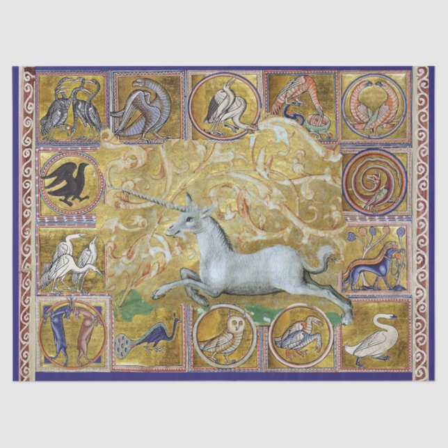 PAPEL DE SEDA BESTIÁRIO MÉDIO ESTRANHO,CORNO UNICORN,ANIMAIS FLO (Frente )